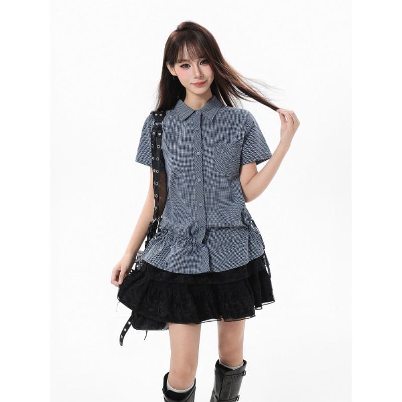 원본 체크무늬 원단 파란색 체크무늬 긍정적 인 어깨 반팔 여성 셔츠 아메리칸 레트로 POLO 칼라 맨위