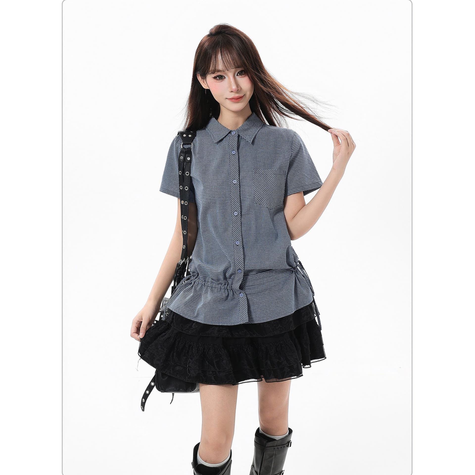 원본 체크무늬 원단 파란색 체크무늬 긍정적 인 어깨 반팔 여성 셔츠 아메리칸 레트로 POLO 칼라 맨위 상세 이미지 4