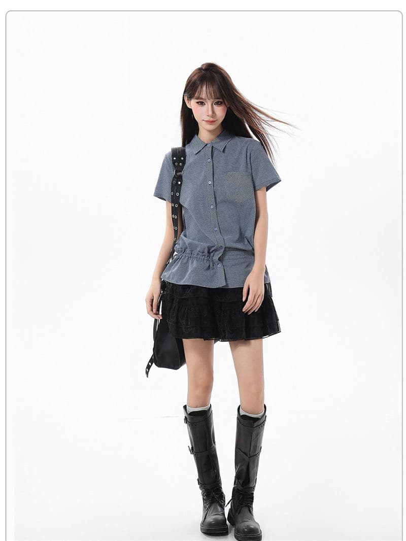 원본 체크무늬 원단 파란색 체크무늬 긍정적 인 어깨 반팔 여성 셔츠 아메리칸 레트로 POLO 칼라 맨위 상세 이미지 7