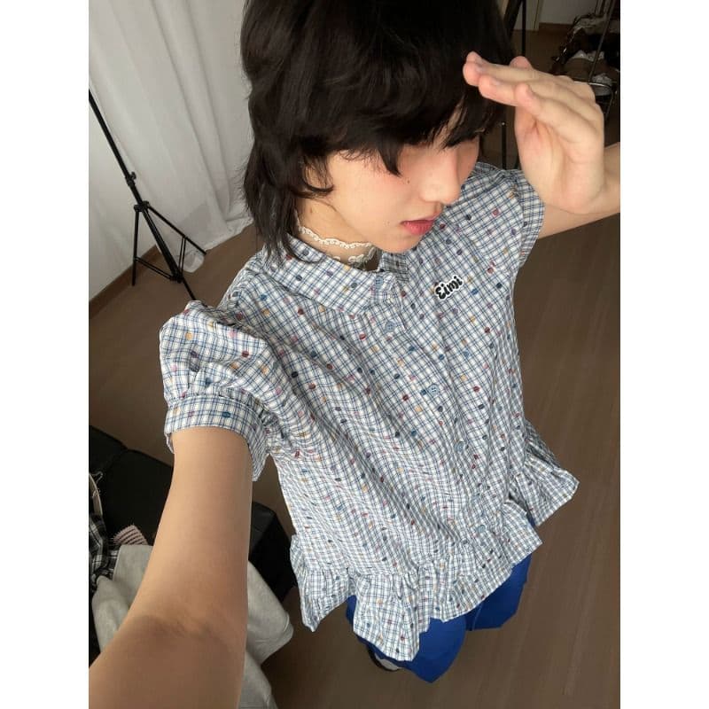 한 부서 색상 도트 무늬 체크무늬 여성 셔츠 거품 소매 프릴 학원 스타일 디자인 센스 작은 대중 맨위 트렌디
