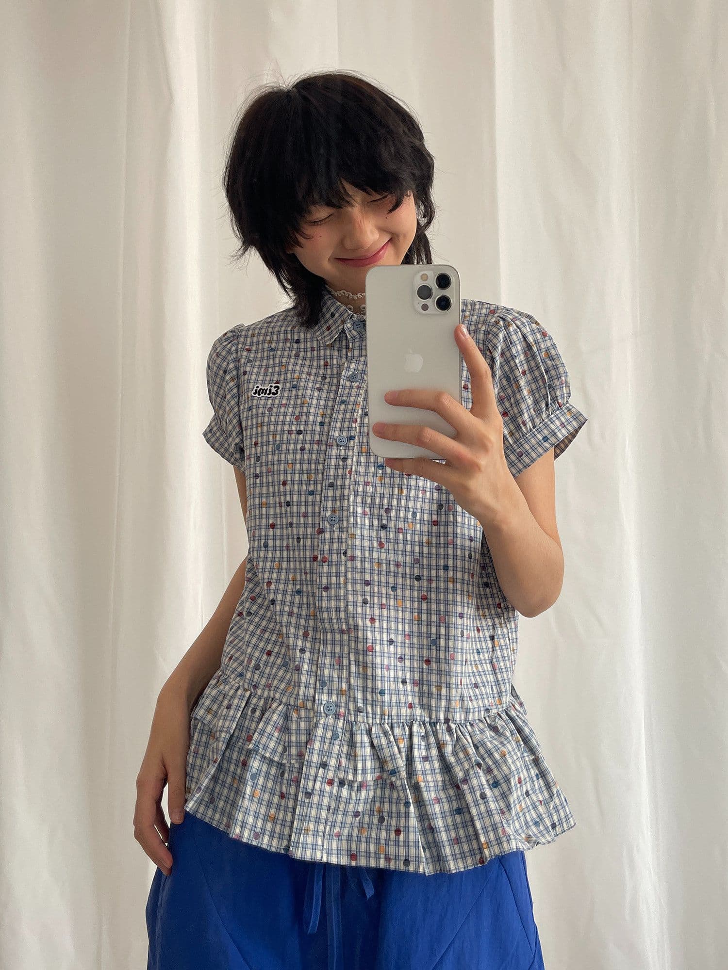 한 부서 색상 도트 무늬 체크무늬 여성 셔츠 거품 소매 프릴 학원 스타일 디자인 센스 작은 대중 맨위 트렌디 상세 이미지 5