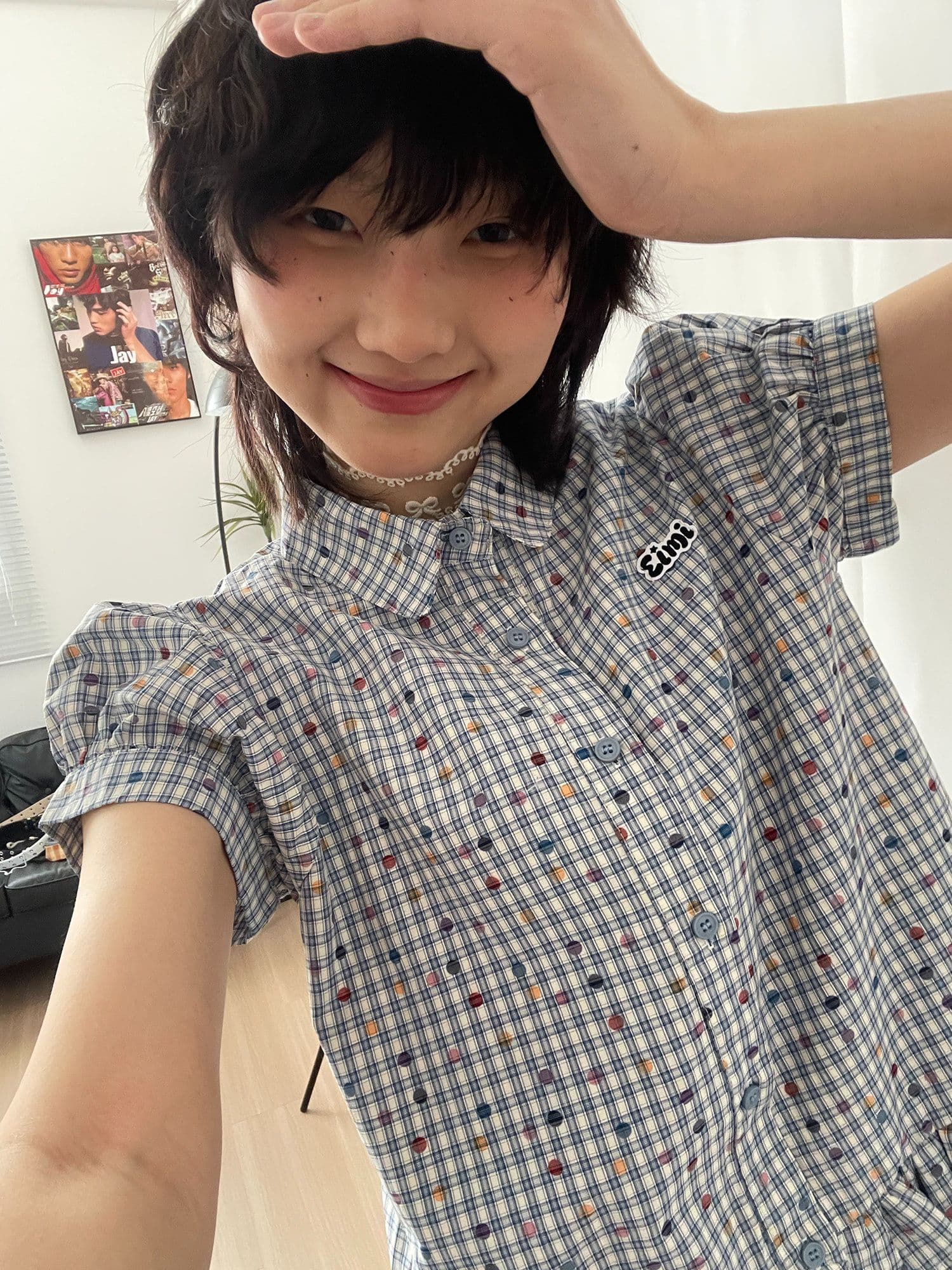 한 부서 색상 도트 무늬 체크무늬 여성 셔츠 거품 소매 프릴 학원 스타일 디자인 센스 작은 대중 맨위 트렌디 상세 이미지 10