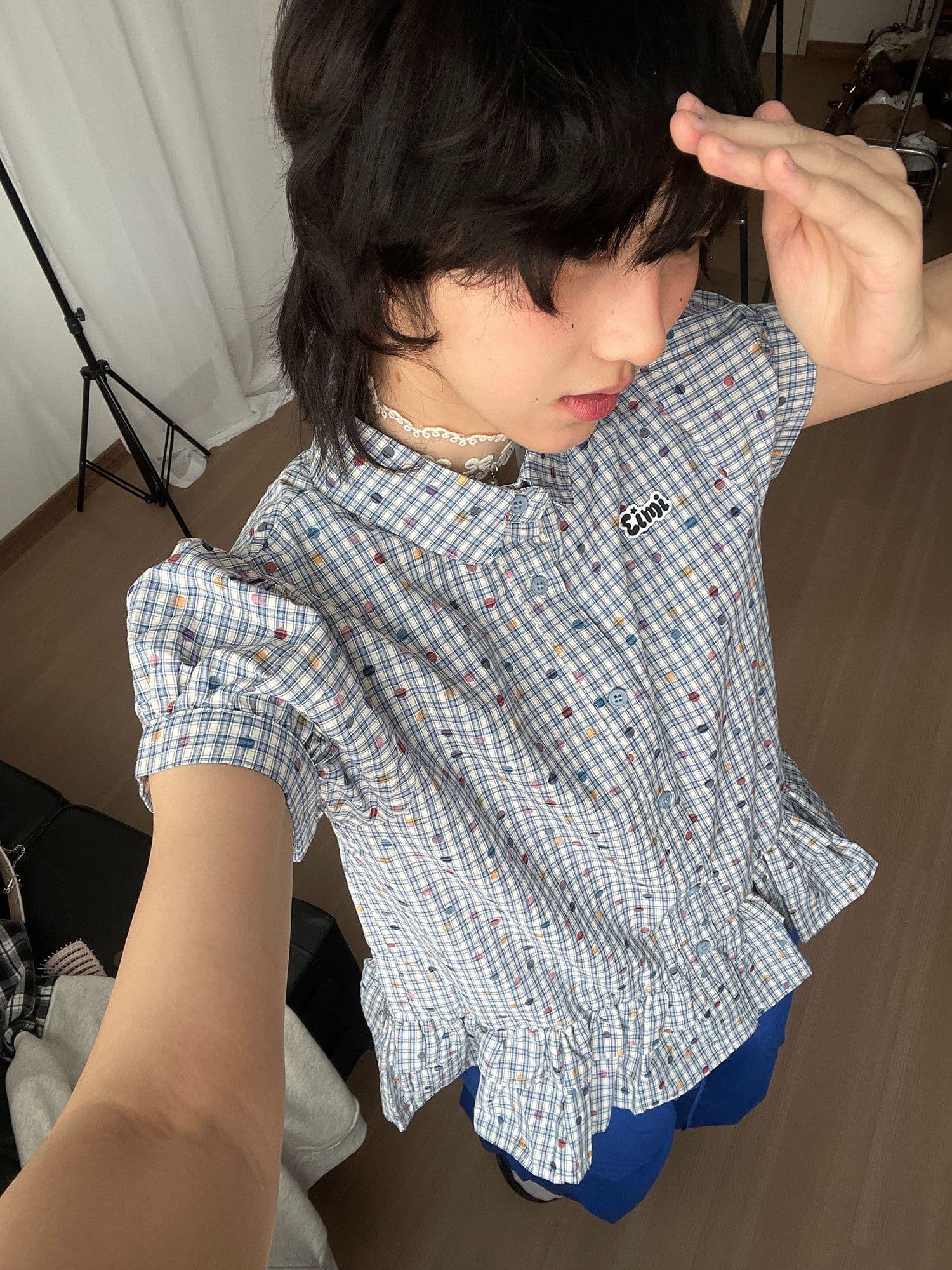 한 부서 색상 도트 무늬 체크무늬 여성 셔츠 거품 소매 프릴 학원 스타일 디자인 센스 작은 대중 맨위 트렌디 상세 이미지 12