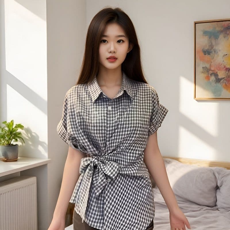 학원 스타일 체크무늬 스트랩 여성 셔츠 여름 반팔 허리 수축 슬림해 보이는 디자인 센스 작은 대중 POLO 칼라 맨위 이미지 4