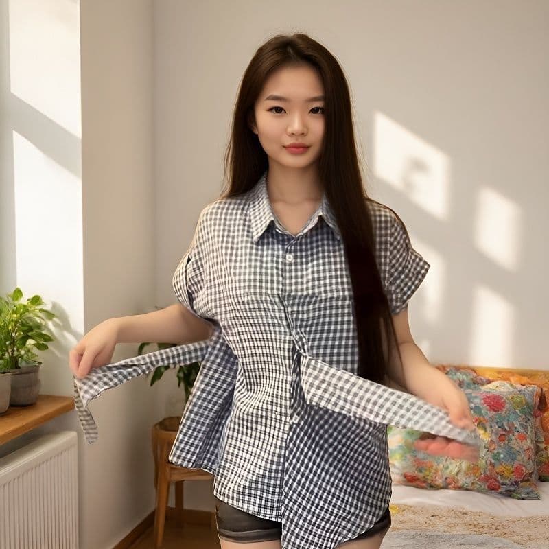 학원 스타일 체크무늬 스트랩 여성 셔츠 여름 반팔 허리 수축 슬림해 보이는 디자인 센스 작은 대중 POLO 칼라 맨위 이미지 2