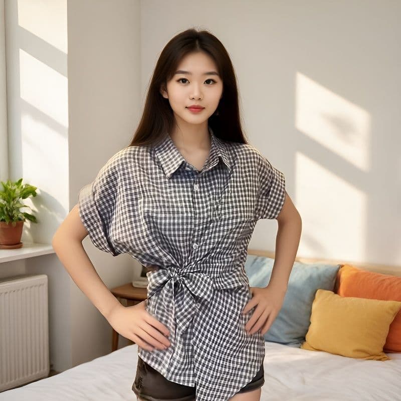 학원 스타일 체크무늬 스트랩 여성 셔츠 여름 반팔 허리 수축 슬림해 보이는 디자인 센스 작은 대중 POLO 칼라 맨위 이미지 3