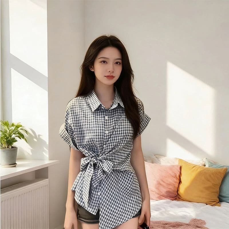 학원 스타일 체크무늬 스트랩 여성 셔츠 여름 반팔 허리 수축 슬림해 보이는 디자인 센스 작은 대중 POLO 칼라 맨위 상세 이미지 5