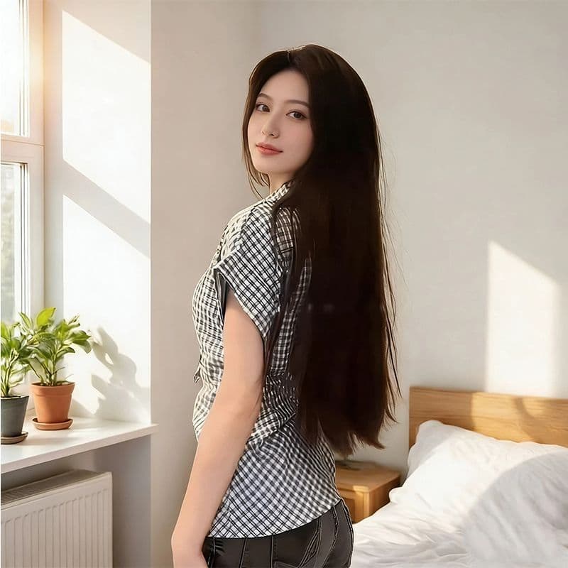 학원 스타일 체크무늬 스트랩 여성 셔츠 여름 반팔 허리 수축 슬림해 보이는 디자인 센스 작은 대중 POLO 칼라 맨위 상세 이미지 6