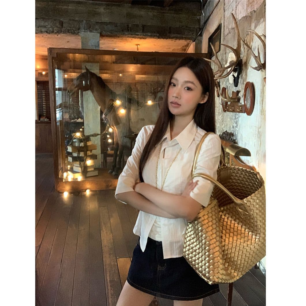원본 자카드 원단 화이트 여성 셔츠 봄 여름 새로운 고급 센스 빛 럭셔리 연령 감소 외국 가스 셔츠 이미지 4