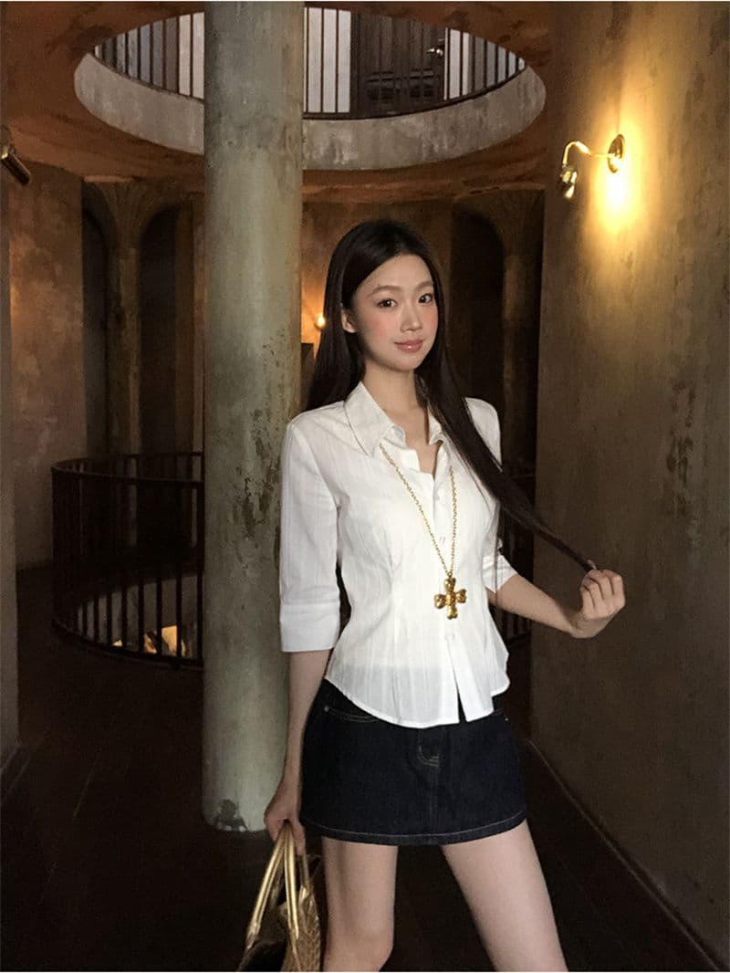 원본 자카드 원단 화이트 여성 셔츠 봄 여름 새로운 고급 센스 빛 럭셔리 연령 감소 외국 가스 셔츠 상세 이미지 5