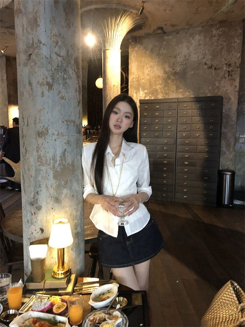 원본 자카드 원단 화이트 여성 셔츠 봄 여름 새로운 고급 센스 빛 럭셔리 연령 감소 외국 가스 셔츠 상세 이미지 8