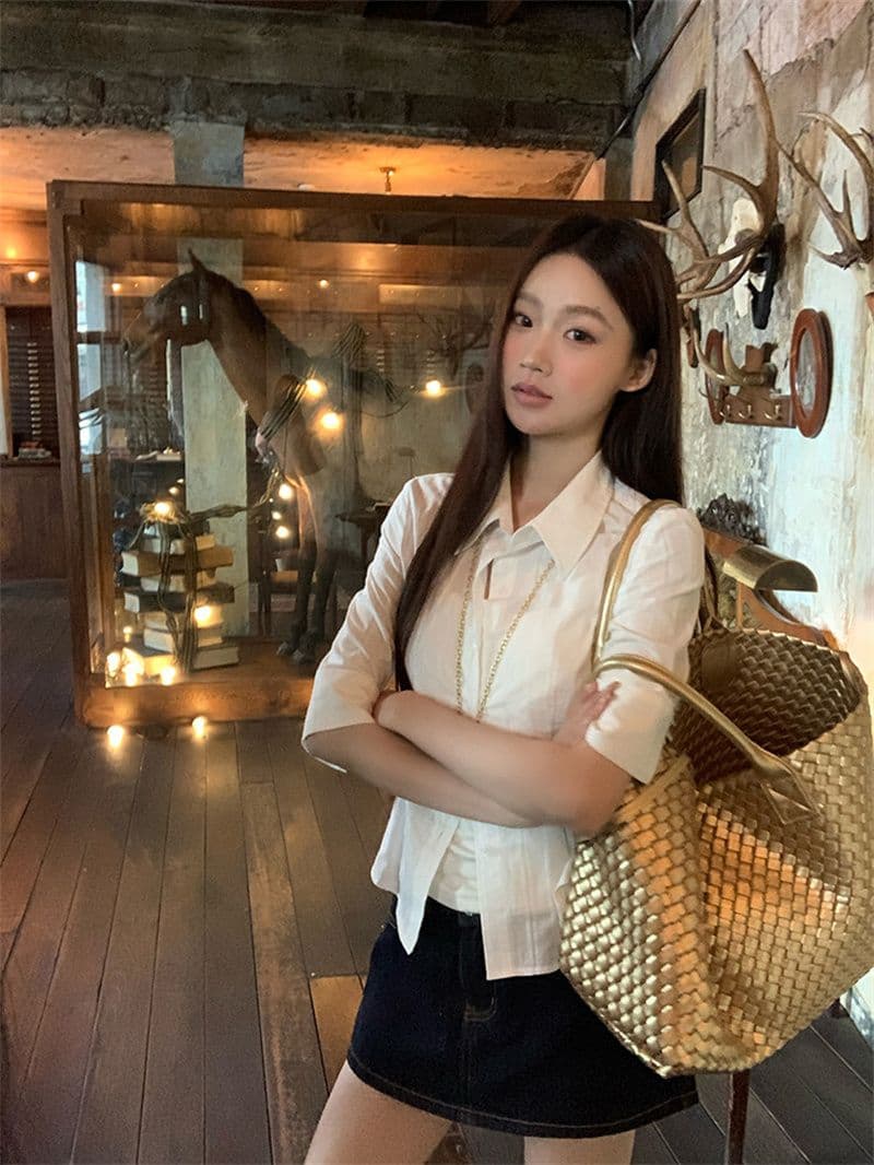 원본 자카드 원단 화이트 여성 셔츠 봄 여름 새로운 고급 센스 빛 럭셔리 연령 감소 외국 가스 셔츠 상세 이미지 9