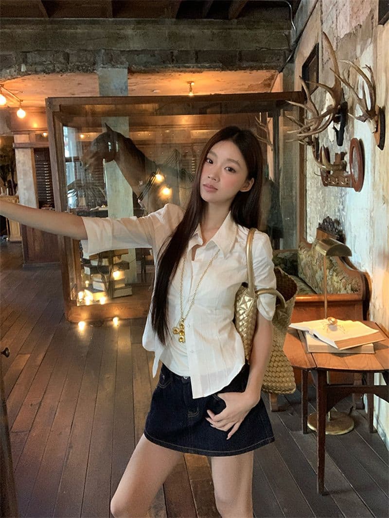 원본 자카드 원단 화이트 여성 셔츠 봄 여름 새로운 고급 센스 빛 럭셔리 연령 감소 외국 가스 셔츠 상세 이미지 10
