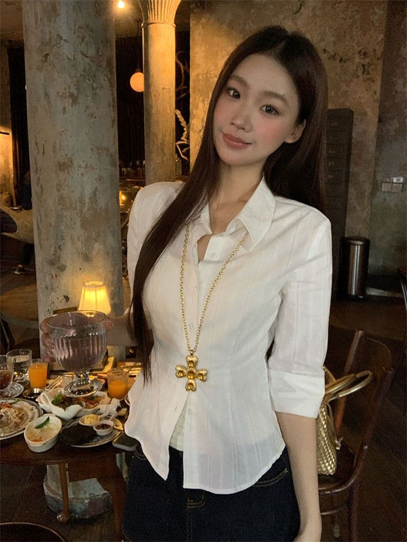 원본 자카드 원단 화이트 여성 셔츠 봄 여름 새로운 고급 센스 빛 럭셔리 연령 감소 외국 가스 셔츠 상세 이미지 12