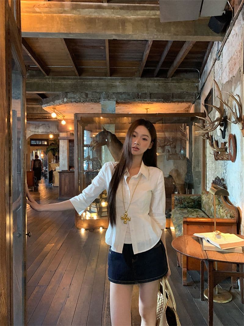 원본 자카드 원단 화이트 여성 셔츠 봄 여름 새로운 고급 센스 빛 럭셔리 연령 감소 외국 가스 셔츠 상세 이미지 14