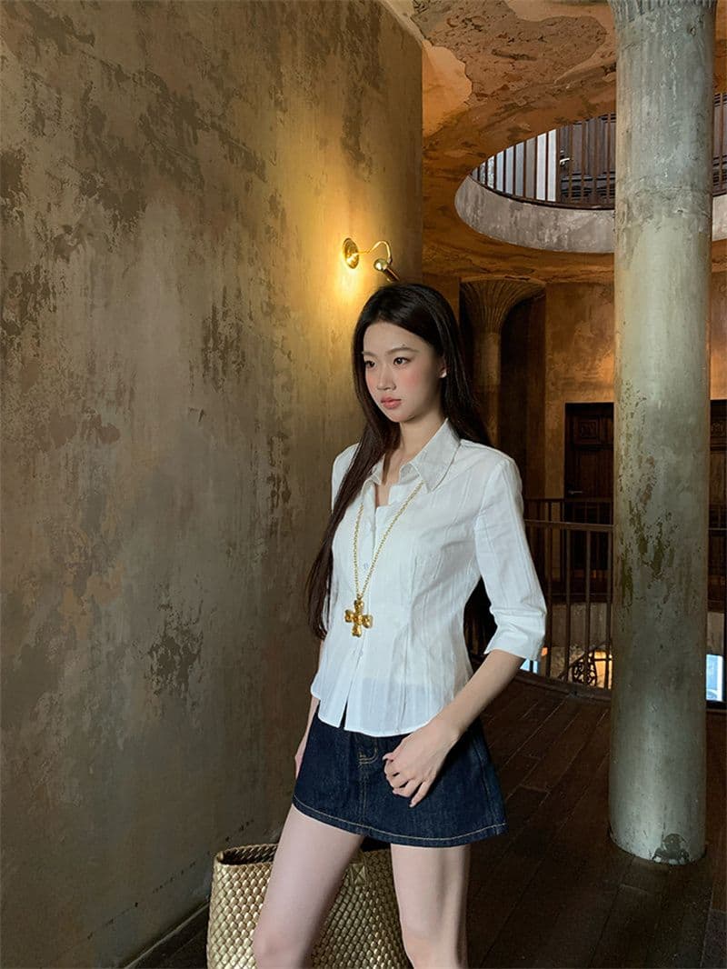 원본 자카드 원단 화이트 여성 셔츠 봄 여름 새로운 고급 센스 빛 럭셔리 연령 감소 외국 가스 셔츠 상세 이미지 22