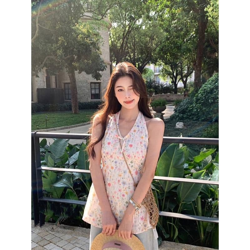 원본 자수 원단 자수 꽃무늬 V넥 행침 목 캐미솔 여름 허리 수축 민소매 맨위 이미지 4