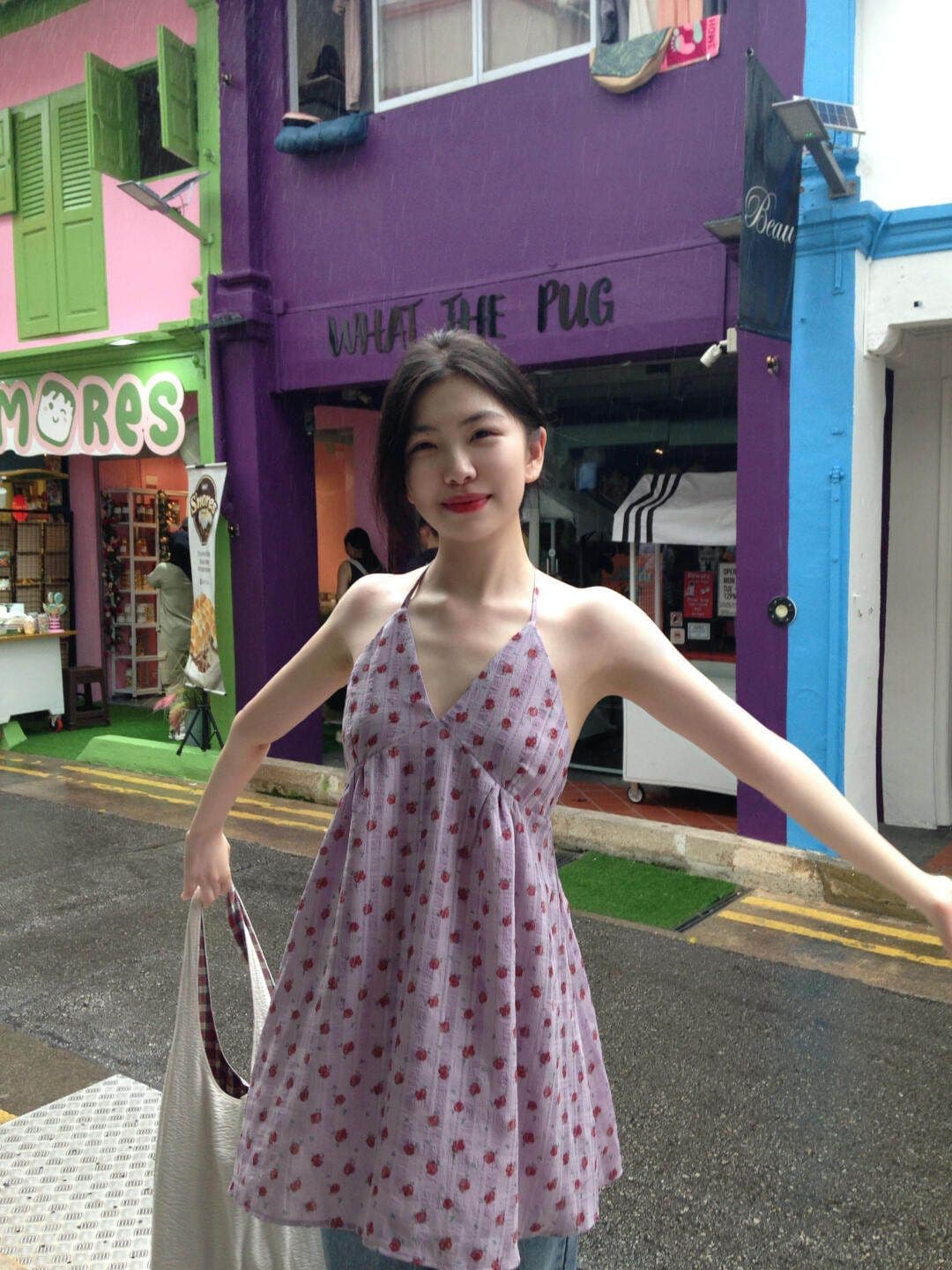 원본 원단 네리 휴가 바람 보라색 꽃무늬 여성 순수한 욕망 외출용 꼬집기 허리 몸매 가꾸기 민소매 맨위 상세 이미지 3