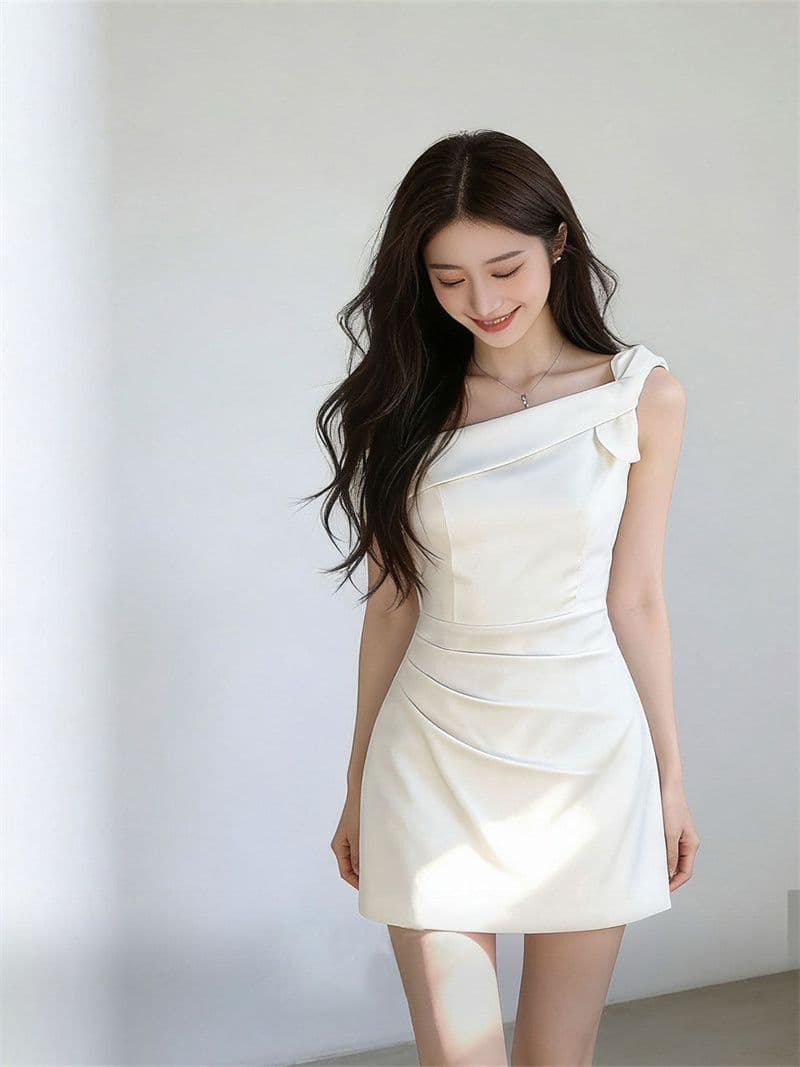 프랑스식 달콤함 품격 비스듬한 어깨 드레스 여름 디자인 센스 허리 수축 슬림해 보이는 오프숄더 순수한 욕망 짧은 치마 상세 이미지 6