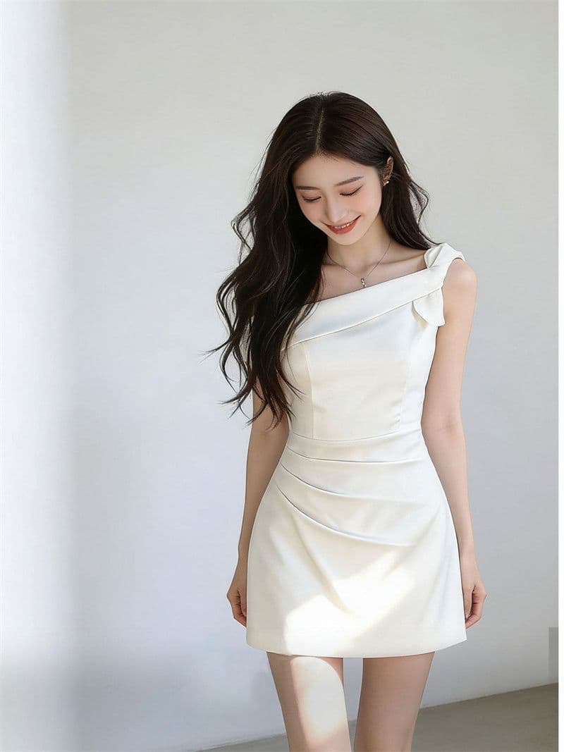 프랑스식 달콤함 품격 비스듬한 어깨 드레스 여름 디자인 센스 허리 수축 슬림해 보이는 오프숄더 순수한 욕망 짧은 치마 상세 이미지 10