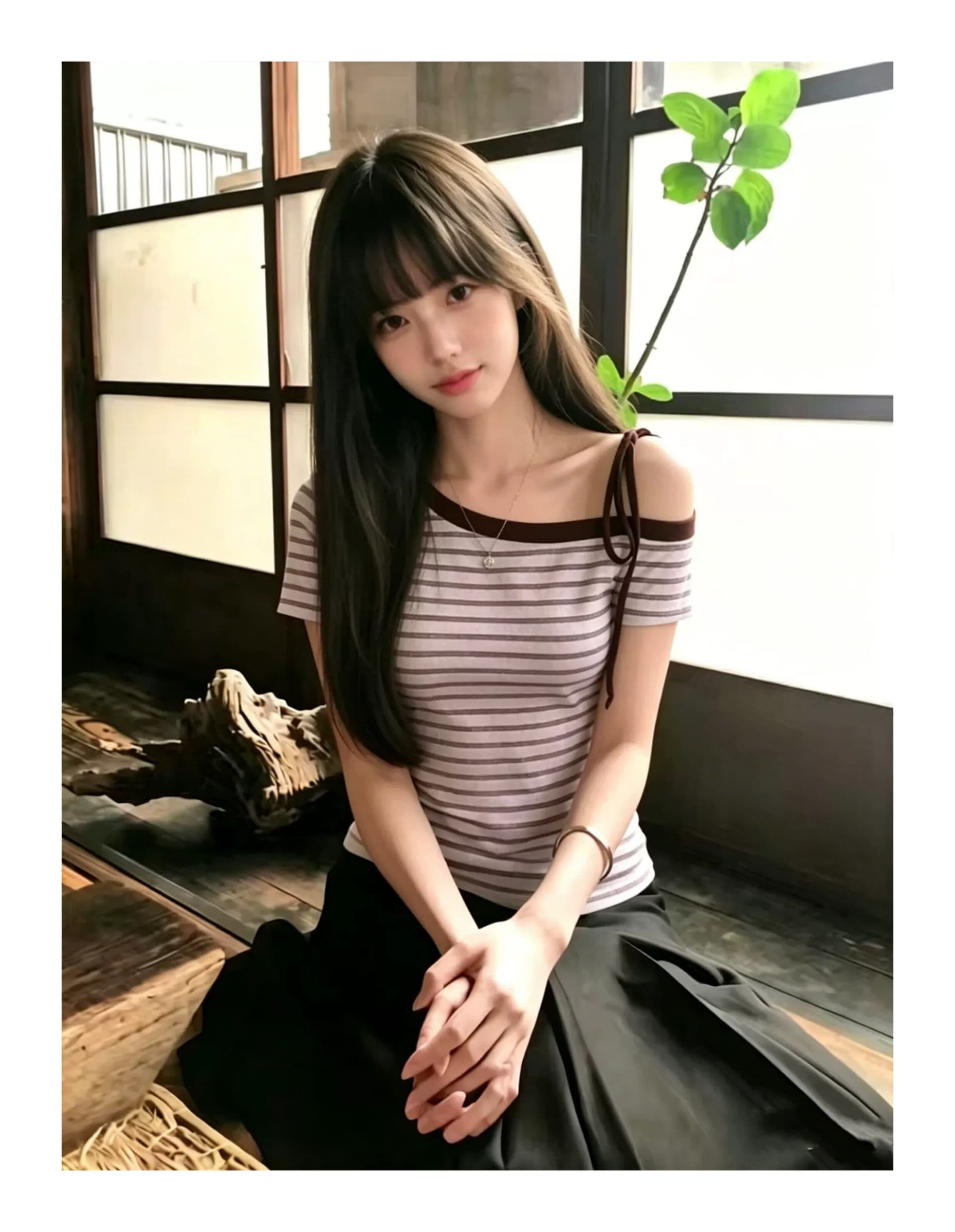 보라색 커피 인터레이스 된 한 부서 스트라이프 티셔츠 여성 여름 새로운 몸매 가꾸기 슬림해 보이는 반팔 핫걸 오프숄더 맨위 트렌디 상세 이미지 3