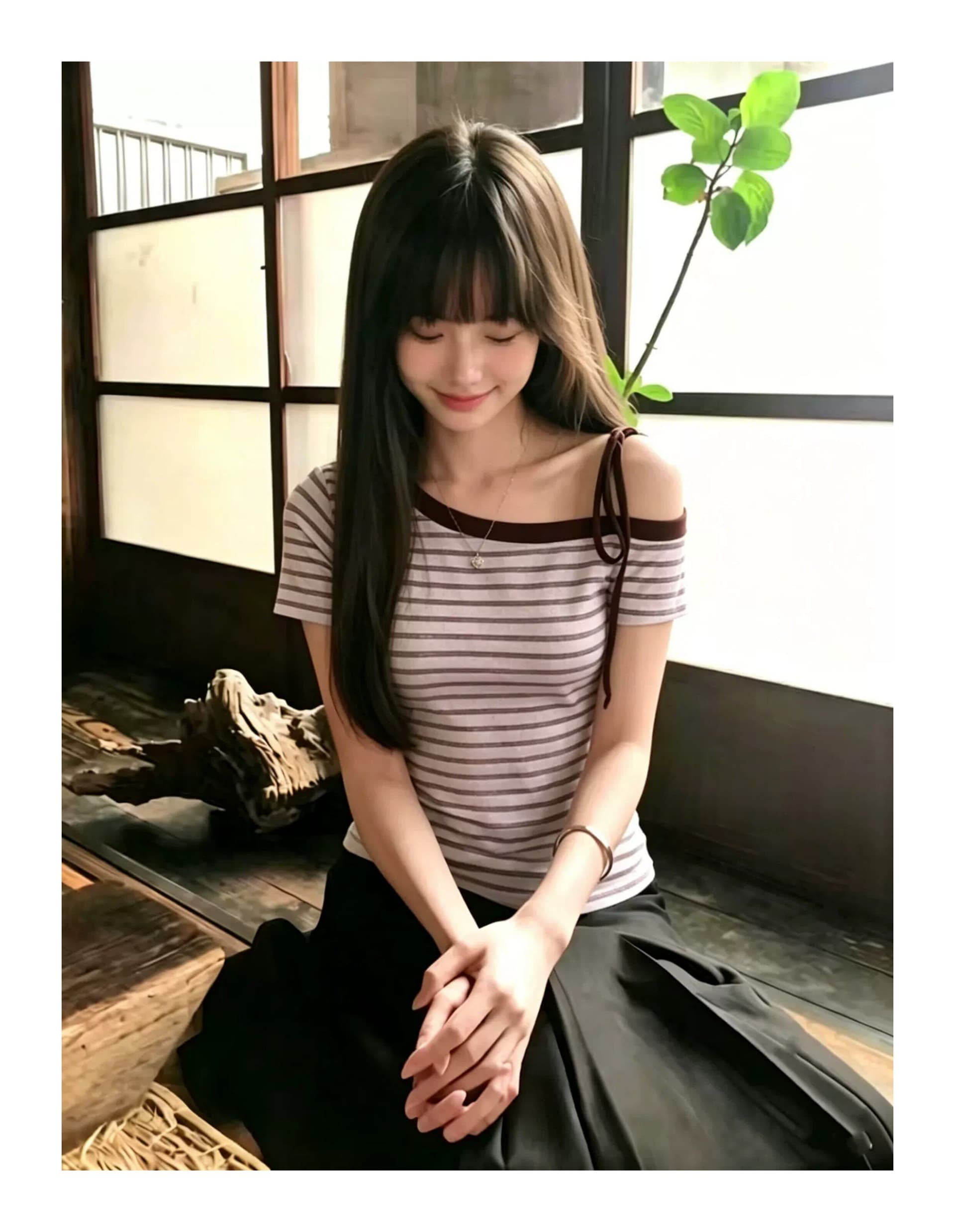 보라색 커피 인터레이스 된 한 부서 스트라이프 티셔츠 여성 여름 새로운 몸매 가꾸기 슬림해 보이는 반팔 핫걸 오프숄더 맨위 트렌디 상세 이미지 4
