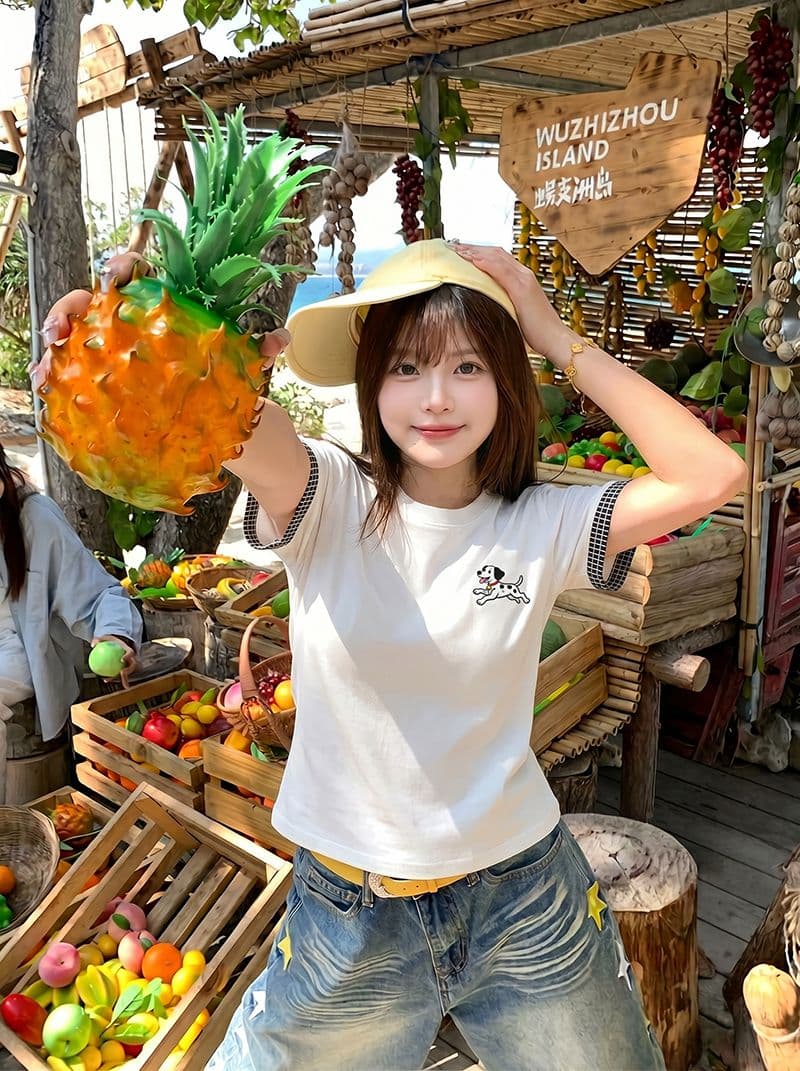 1 1 순면 리브 220 그램 반팔 티셔츠 여성 의류 여름 새로운 자수 몸매 가꾸기 슬림해 보이는 맨위 이미지 3