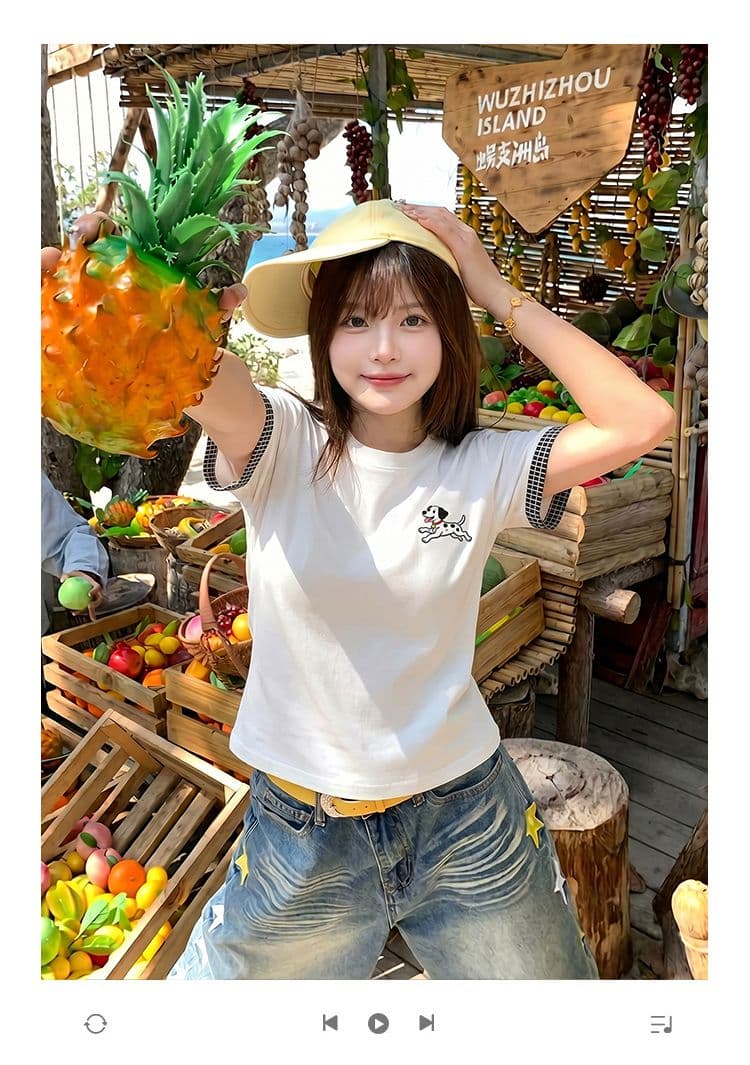 1 1 순면 리브 220 그램 반팔 티셔츠 여성 의류 여름 새로운 자수 몸매 가꾸기 슬림해 보이는 맨위 상세 이미지 1