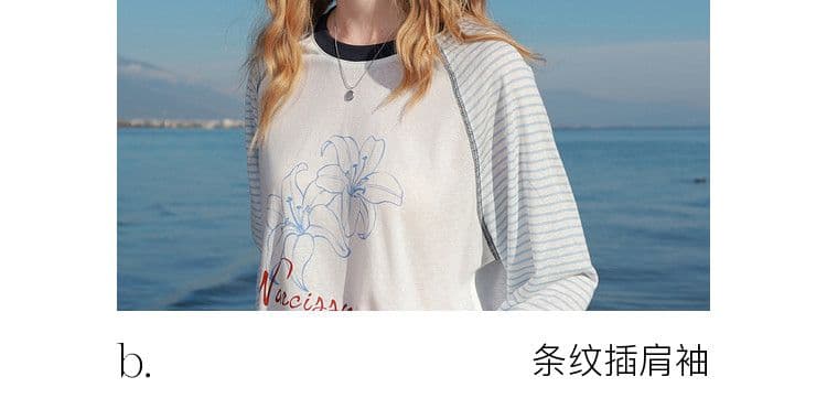 165 그램 눈꽃 면 자외선 차단 의류 긴팔 티셔츠 여성 의류 여름 삽입 어깨 소매 패치워크 스트라이프 라운드 넥 맨위 상세 이미지 11