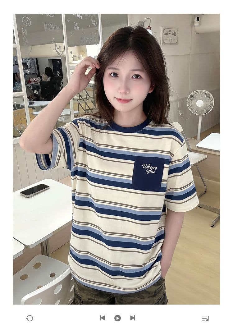 순면 스트라이프 반팔 티셔츠 여성 여름 새로운 한 부서 중간 길이 루즈핏 주머니 자수 라운드 넥 맨위 상세 이미지 1