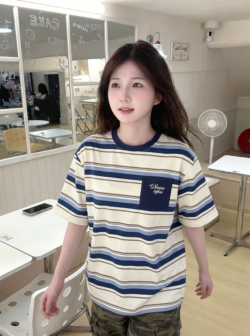 순면 스트라이프 반팔 티셔츠 여성 여름 새로운 한 부서 중간 길이 루즈핏 주머니 자수 라운드 넥 맨위 상세 이미지 13