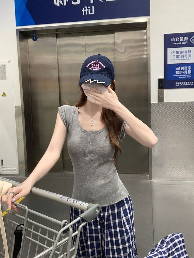 1 1 순면 리브 210 그램 반팔 티셔츠 여성 의류 여름 새로운 디자인 센스 작은 날다 소매 u 칼라 맨위