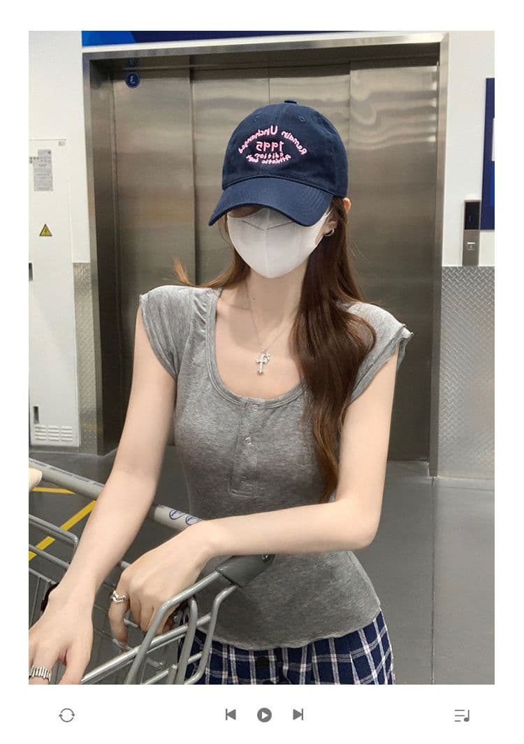 1 1 순면 리브 210 그램 반팔 티셔츠 여성 의류 여름 새로운 디자인 센스 작은 날다 소매 u 칼라 맨위 상세 이미지 1