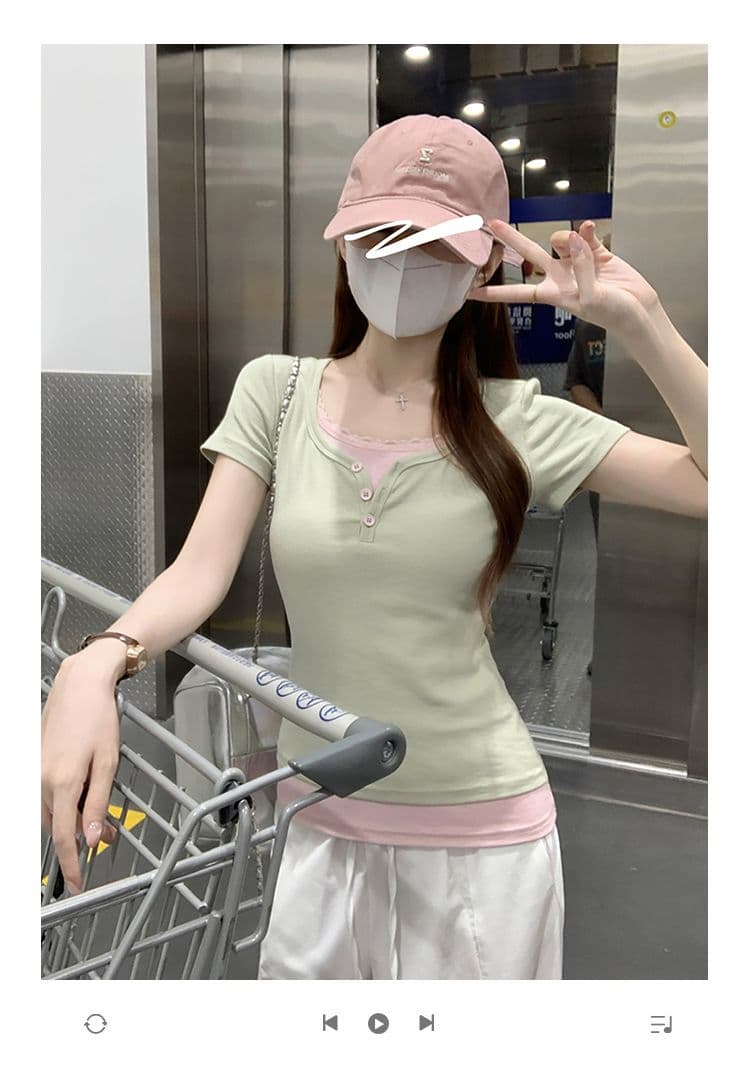 반팔 티셔츠 여성 의류 여름 디자인 센스 새로운 한 부서 슬림해 보이는 페이크 레이어드 패치워크 레이스 맨위 상세 이미지 1