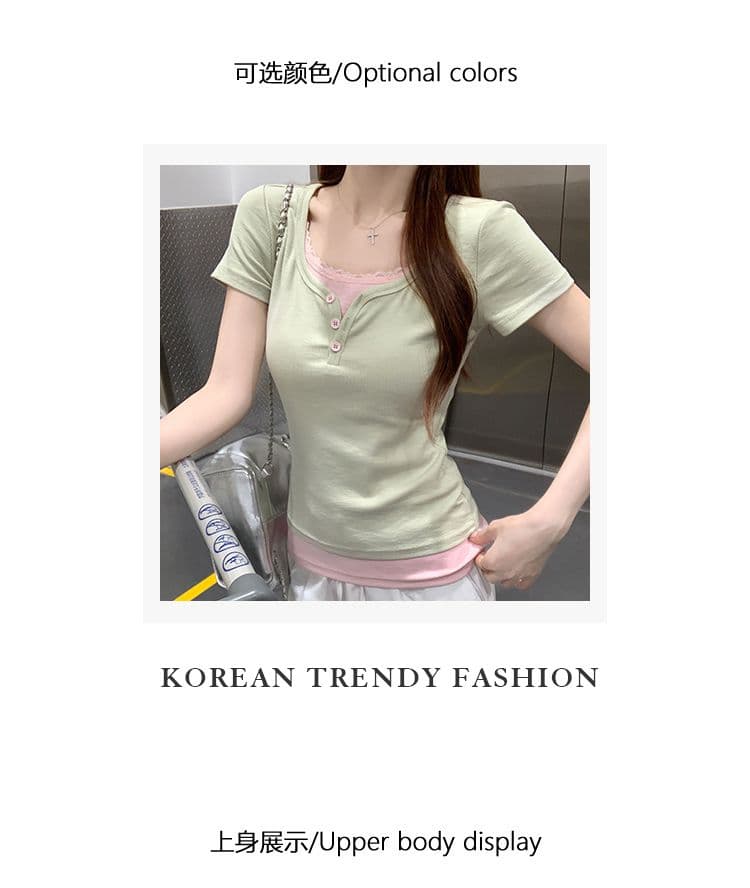반팔 티셔츠 여성 의류 여름 디자인 센스 새로운 한 부서 슬림해 보이는 페이크 레이어드 패치워크 레이스 맨위 상세 이미지 4