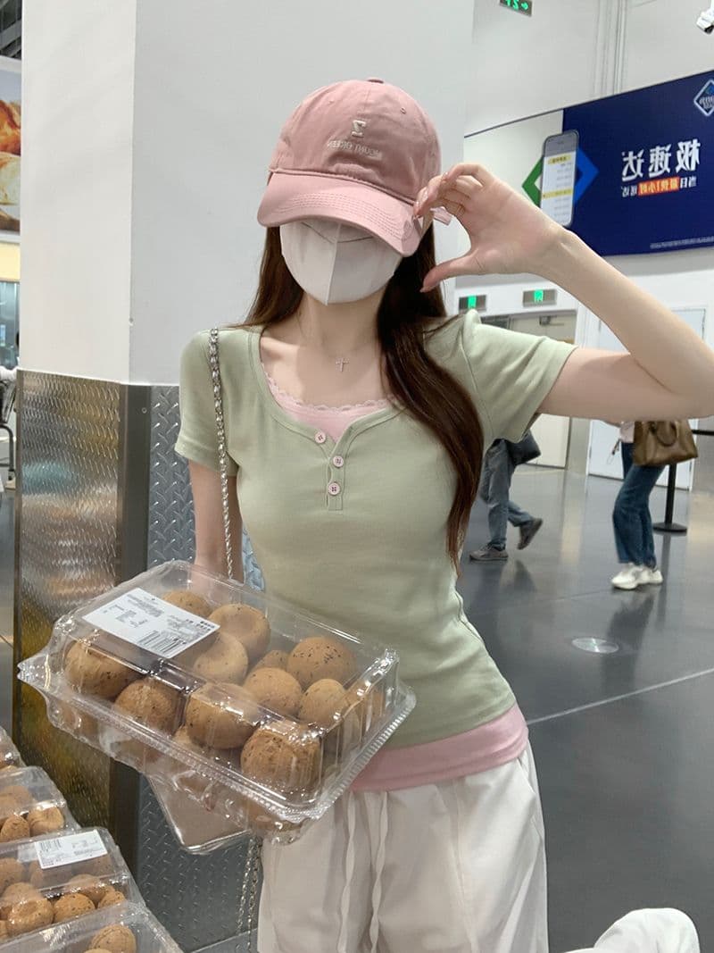 반팔 티셔츠 여성 의류 여름 디자인 센스 새로운 한 부서 슬림해 보이는 페이크 레이어드 패치워크 레이스 맨위 상세 이미지 10
