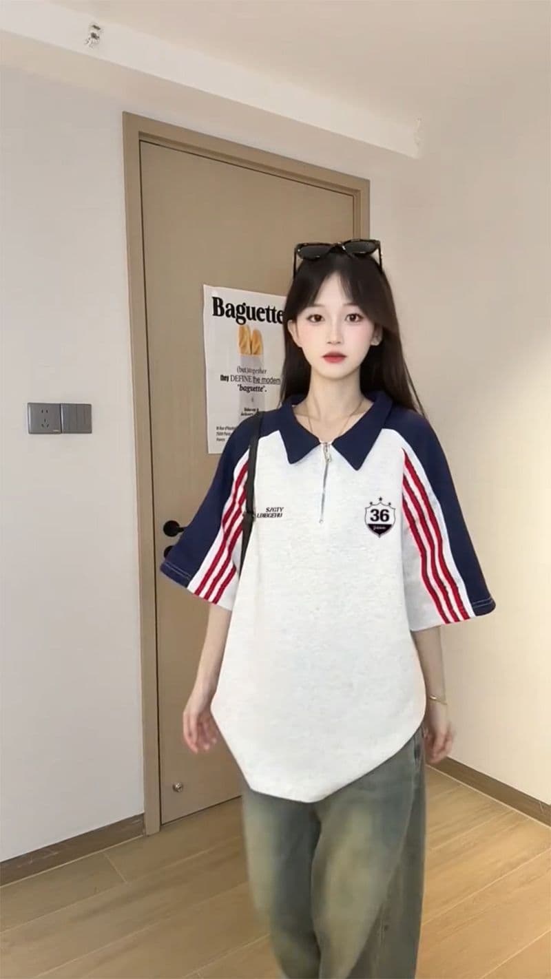 250그램 조수 브랜드 양면 반팔 티셔츠 여성 여름 새로운 한 부서 삽입 어깨 소매 스트라이프 POLO 칼라 맨위 이미지 4