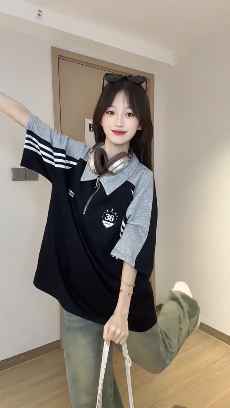 250그램 조수 브랜드 양면 반팔 티셔츠 여성 여름 새로운 한 부서 삽입 어깨 소매 스트라이프 POLO 칼라 맨위 이미지 3