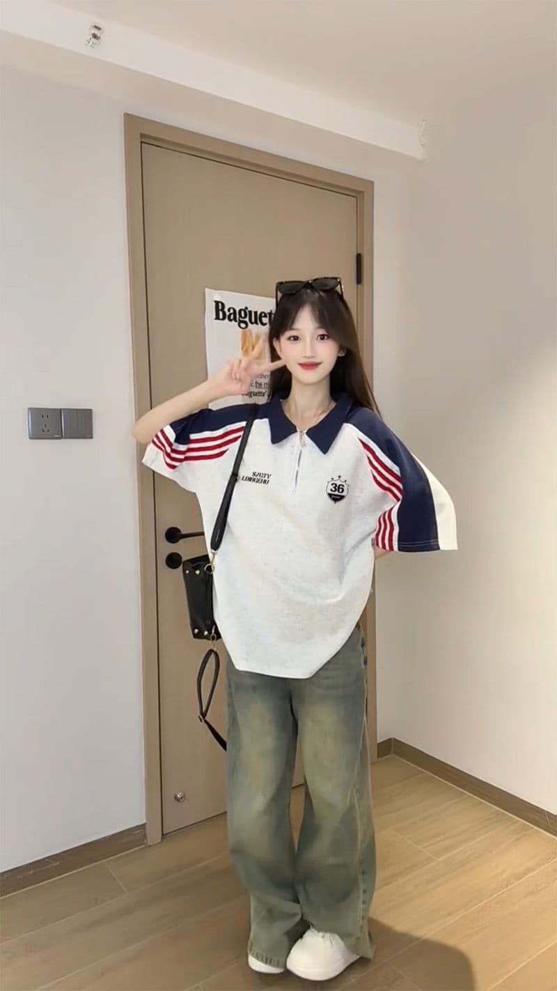 250그램 조수 브랜드 양면 반팔 티셔츠 여성 여름 새로운 한 부서 삽입 어깨 소매 스트라이프 POLO 칼라 맨위 이미지 2