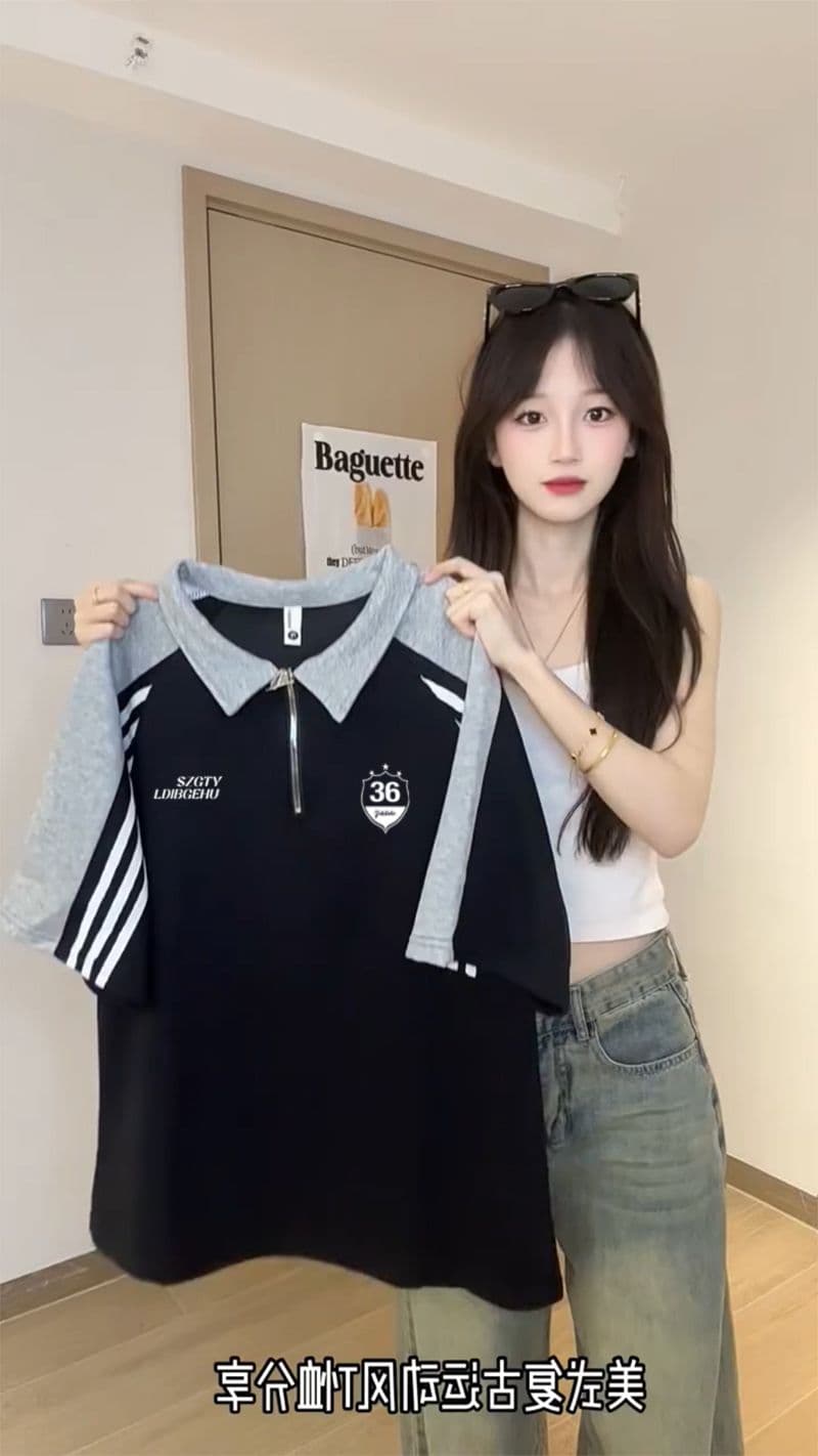 250그램 조수 브랜드 양면 반팔 티셔츠 여성 여름 새로운 한 부서 삽입 어깨 소매 스트라이프 POLO 칼라 맨위 상세 이미지 2