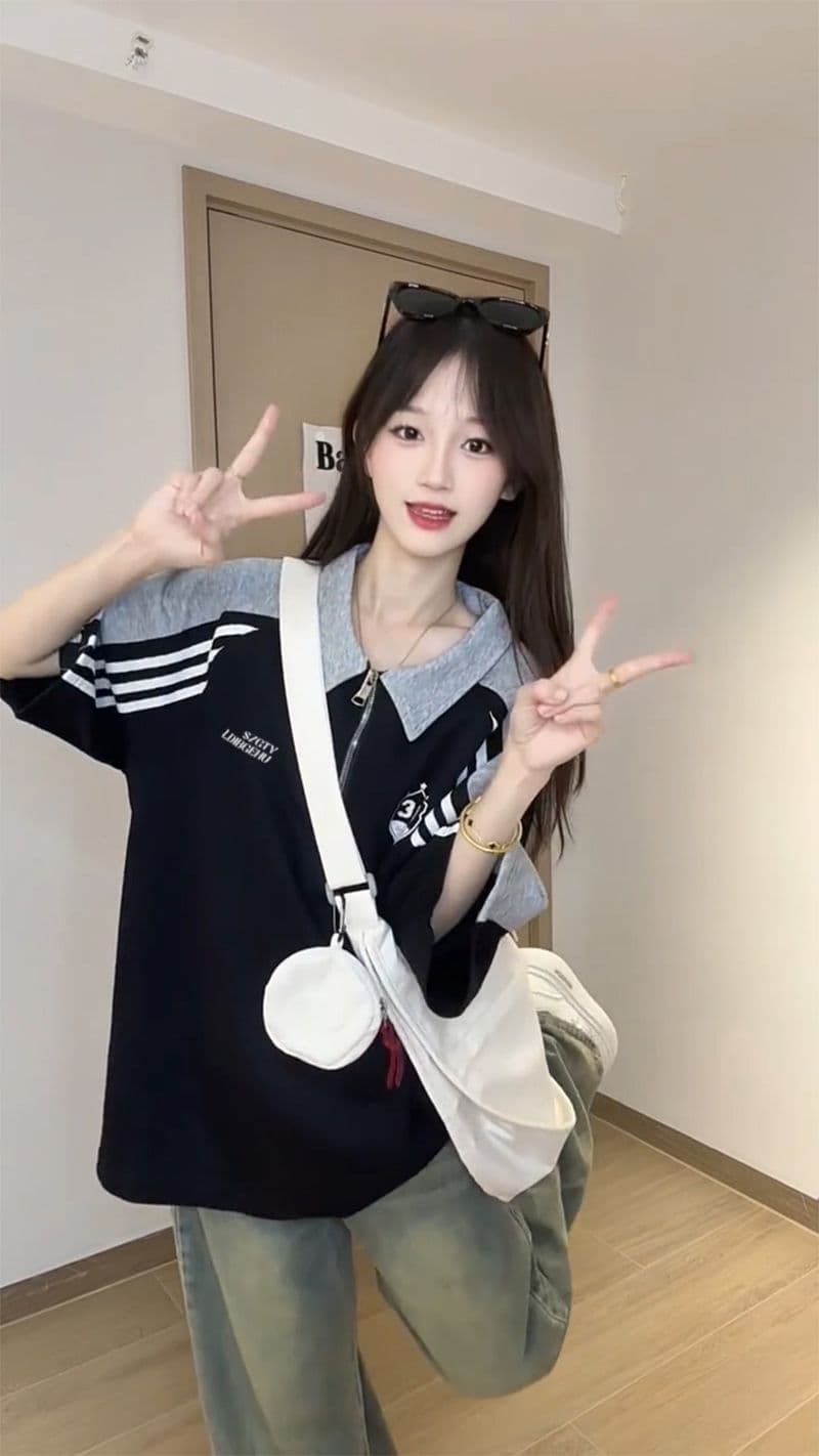 250그램 조수 브랜드 양면 반팔 티셔츠 여성 여름 새로운 한 부서 삽입 어깨 소매 스트라이프 POLO 칼라 맨위 상세 이미지 4