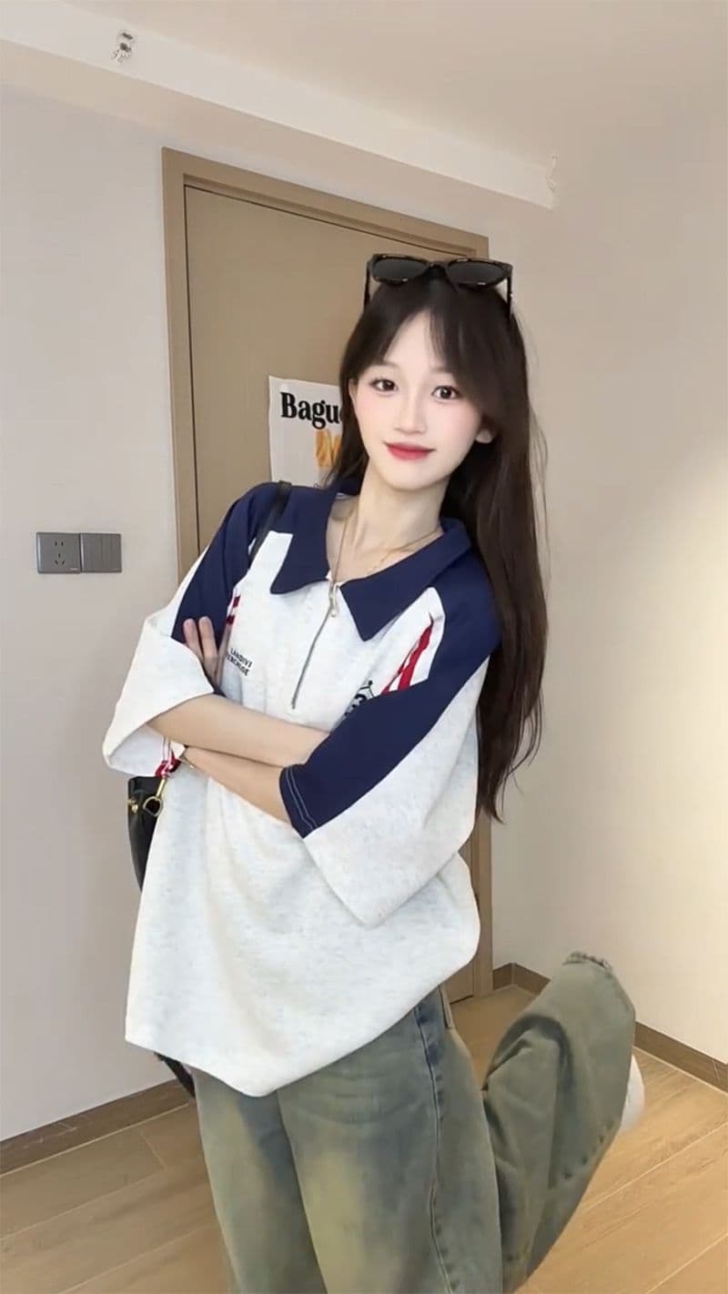 250그램 조수 브랜드 양면 반팔 티셔츠 여성 여름 새로운 한 부서 삽입 어깨 소매 스트라이프 POLO 칼라 맨위 상세 이미지 11