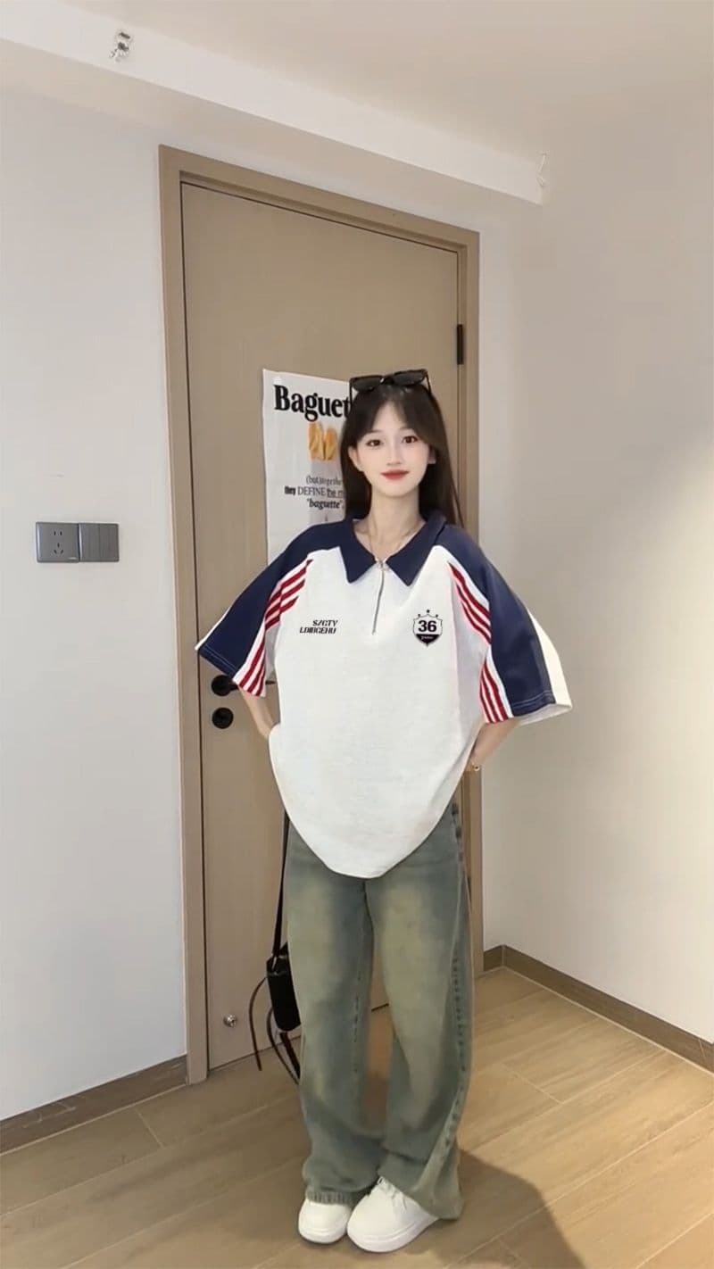 250그램 조수 브랜드 양면 반팔 티셔츠 여성 여름 새로운 한 부서 삽입 어깨 소매 스트라이프 POLO 칼라 맨위 상세 이미지 12