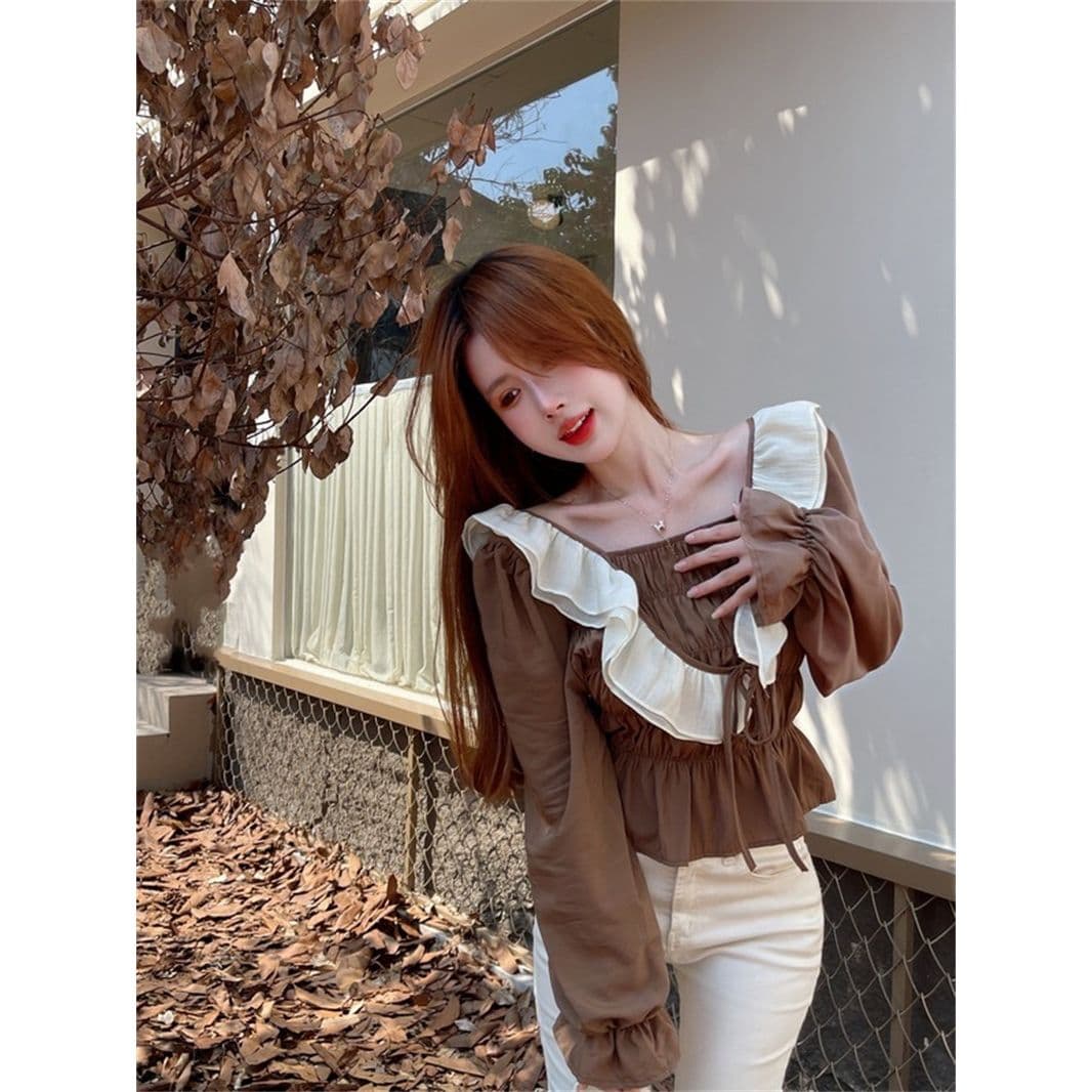 여성 의류 프랑스식 프릴 패치워크 긴팔 여성 셔츠 계절 표지 배 슬림해 보이는 작은 셔츠 맨위 서비스 이미지 5