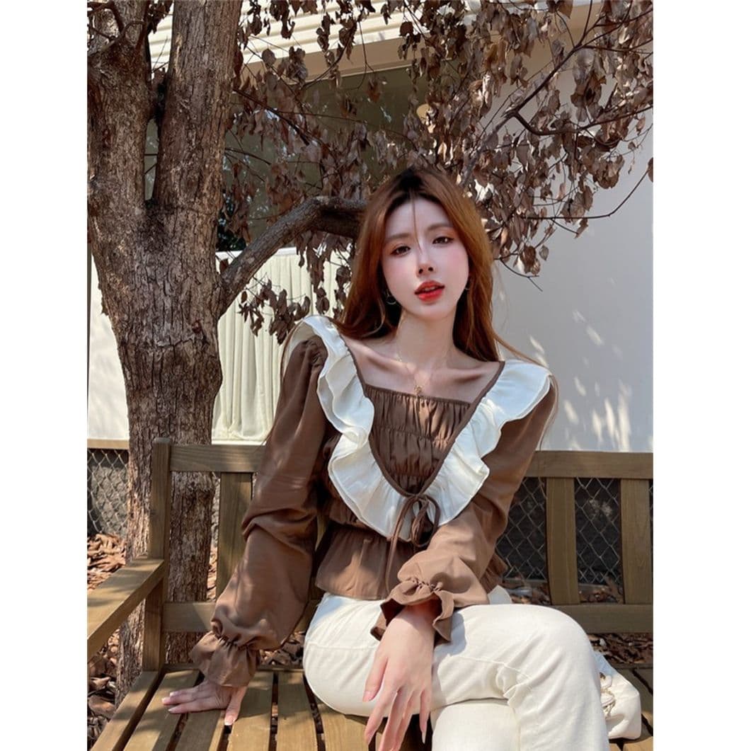 여성 의류 프랑스식 프릴 패치워크 긴팔 여성 셔츠 계절 표지 배 슬림해 보이는 작은 셔츠 맨위 서비스 이미지 2