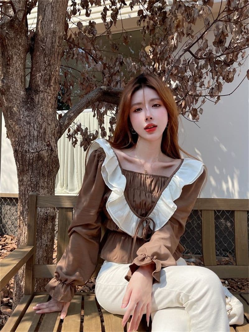 여성 의류 프랑스식 프릴 패치워크 긴팔 여성 셔츠 계절 표지 배 슬림해 보이는 작은 셔츠 맨위 서비스 상세 이미지 3