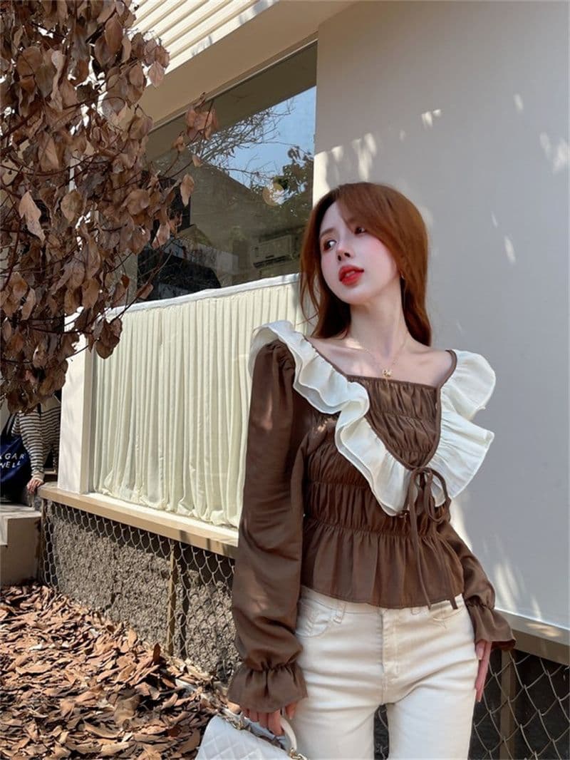 여성 의류 프랑스식 프릴 패치워크 긴팔 여성 셔츠 계절 표지 배 슬림해 보이는 작은 셔츠 맨위 서비스 상세 이미지 4