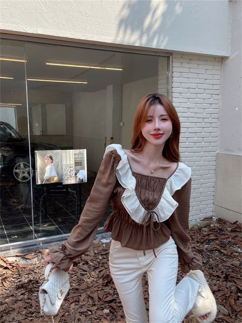 여성 의류 프랑스식 프릴 패치워크 긴팔 여성 셔츠 계절 표지 배 슬림해 보이는 작은 셔츠 맨위 서비스 상세 이미지 11