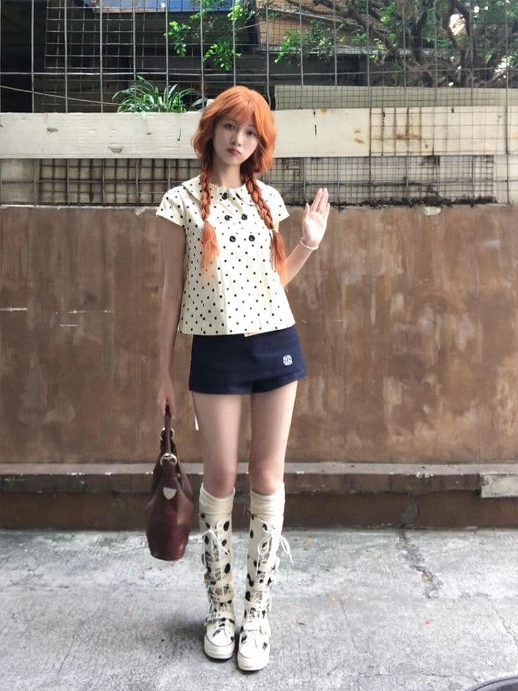 한 부서 달콤함 도트 무늬 베이비 칼라 반팔 여성 셔츠 여름 이중 버튼 작은 키 슬림해 보이는 다용도 맨위 상세 이미지 2