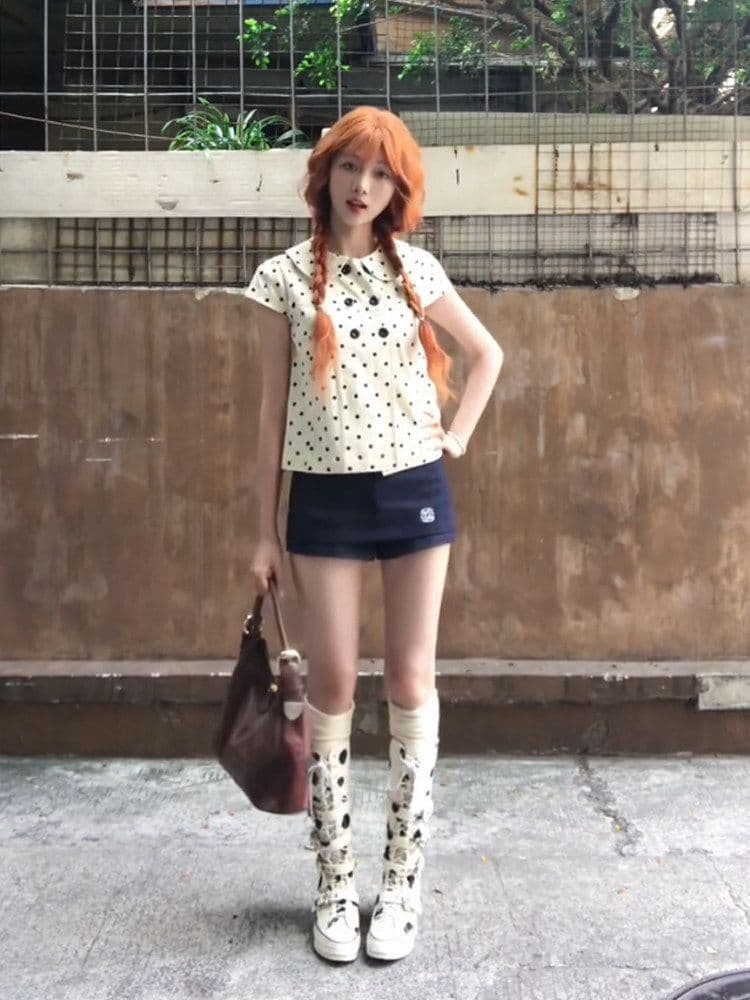 한 부서 달콤함 도트 무늬 베이비 칼라 반팔 여성 셔츠 여름 이중 버튼 작은 키 슬림해 보이는 다용도 맨위 상세 이미지 6